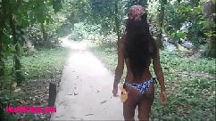 Thai teen outdoor sucking monster cock in the jungle