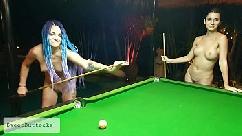 Two naked shameless sluts play billiards