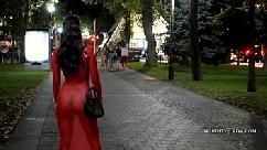 Red transparent dress in public